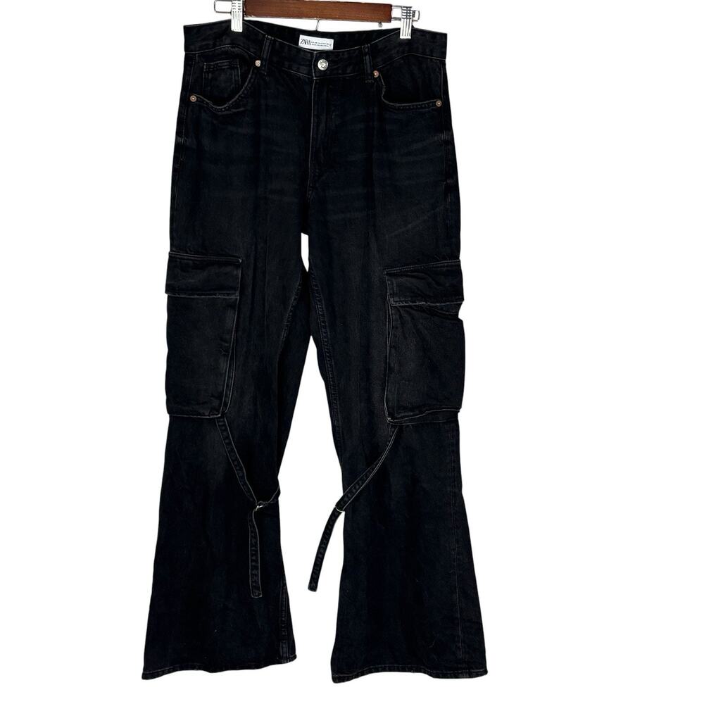 Zara Cargo Wide Leg Jeans High Rise Strappy Y2K Black Size 8